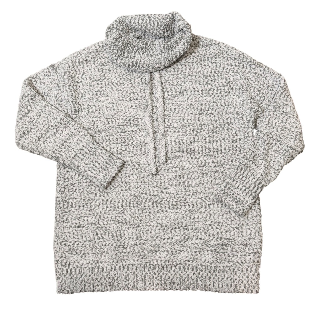 LOFT Bouclé Textured Cowl Neck Sweater (L) Gray White Nubby Knit Heavy Warm